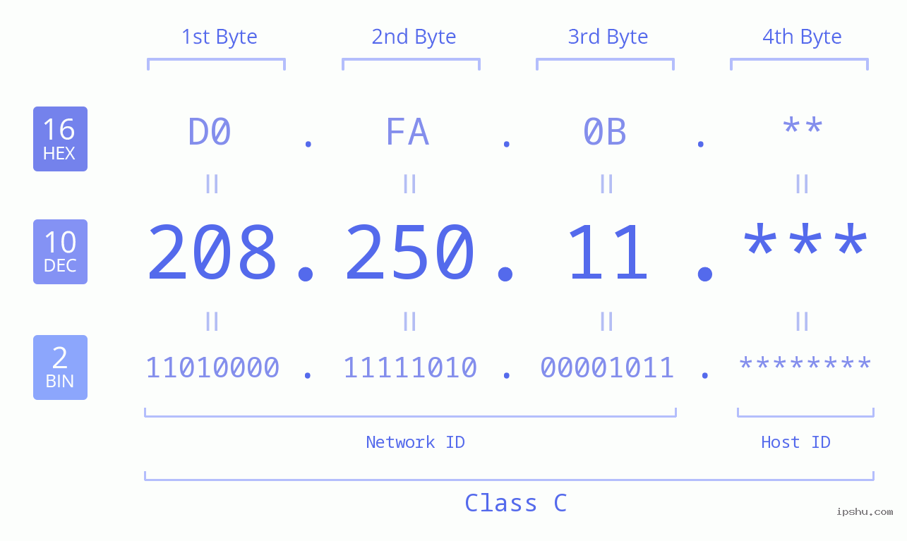IP Address: 208.250.11 Data Structure Chart BIN DEC HEX IPv4: 208.250.11 Network Class, Net ID, Host ID