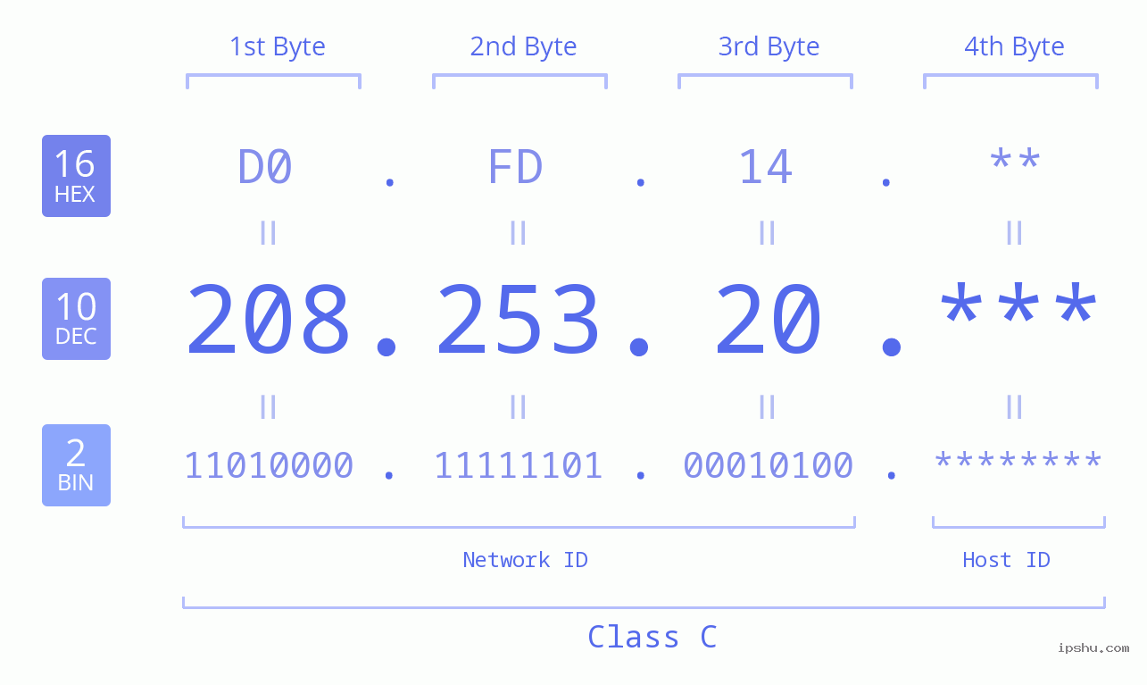 IP Address: 208.253.20 Data Structure Chart BIN DEC HEX IPv4: 208.253.20 Network Class, Net ID, Host ID