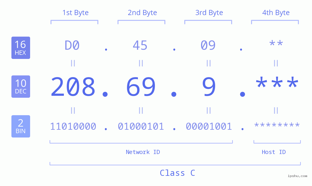 IP Address: 208.69.9 Data Structure Chart BIN DEC HEX IPv4: 208.69.9 Network Class, Net ID, Host ID