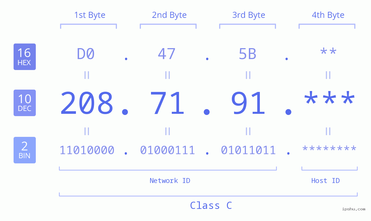 IP Address: 208.71.91 Data Structure Chart BIN DEC HEX IPv4: 208.71.91 Network Class, Net ID, Host ID