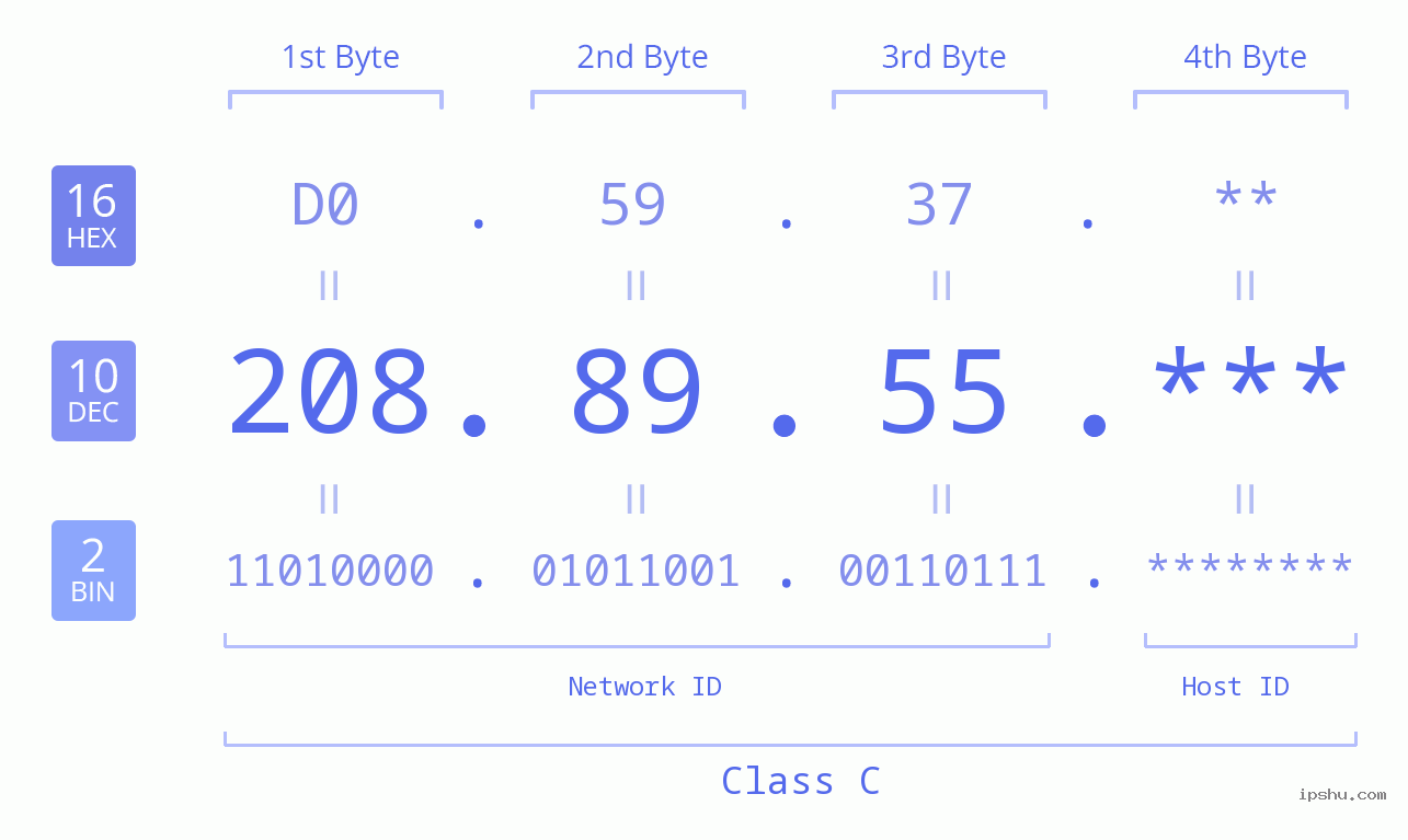 IP Address: 208.89.55 Data Structure Chart BIN DEC HEX IPv4: 208.89.55 Network Class, Net ID, Host ID