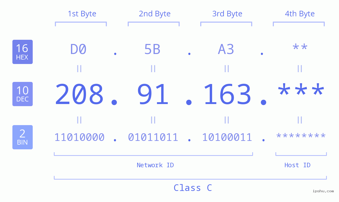 IP Address: 208.91.163 Data Structure Chart BIN DEC HEX IPv4: 208.91.163 Network Class, Net ID, Host ID