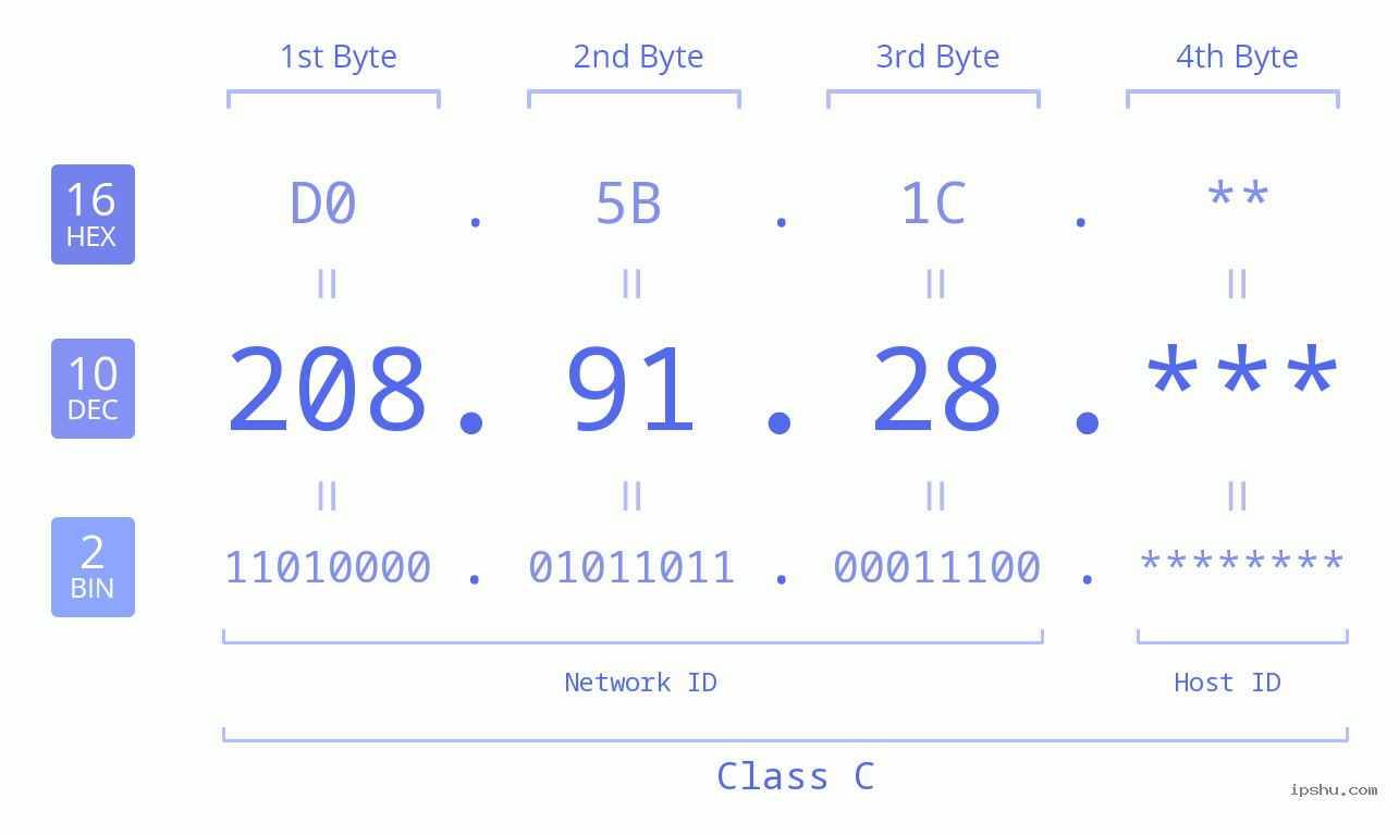 IP Address: 208.91.28 Data Structure Chart BIN DEC HEX IPv4: 208.91.28 Network Class, Net ID, Host ID