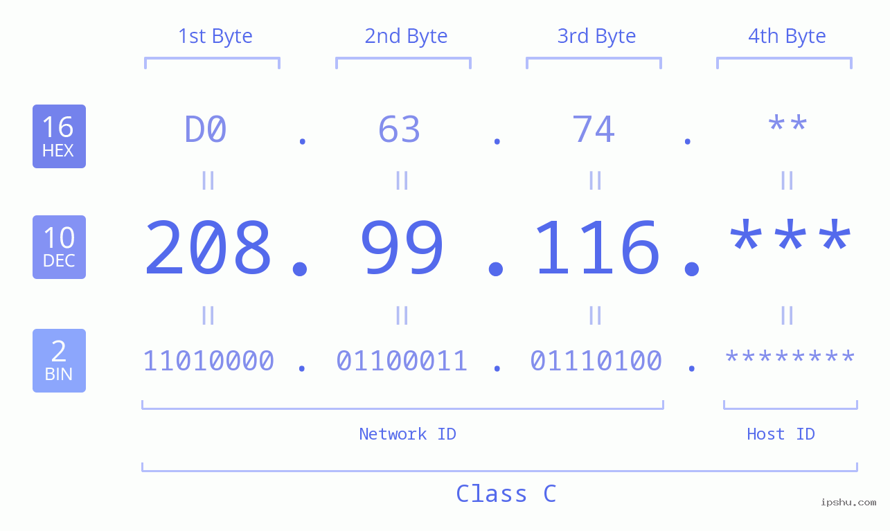 IP Address: 208.99.116 Data Structure Chart BIN DEC HEX IPv4: 208.99.116 Network Class, Net ID, Host ID