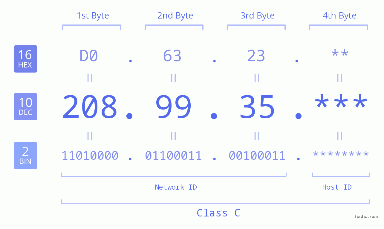 IP Address: 208.99.35 Data Structure Chart BIN DEC HEX IPv4: 208.99.35 Network Class, Net ID, Host ID