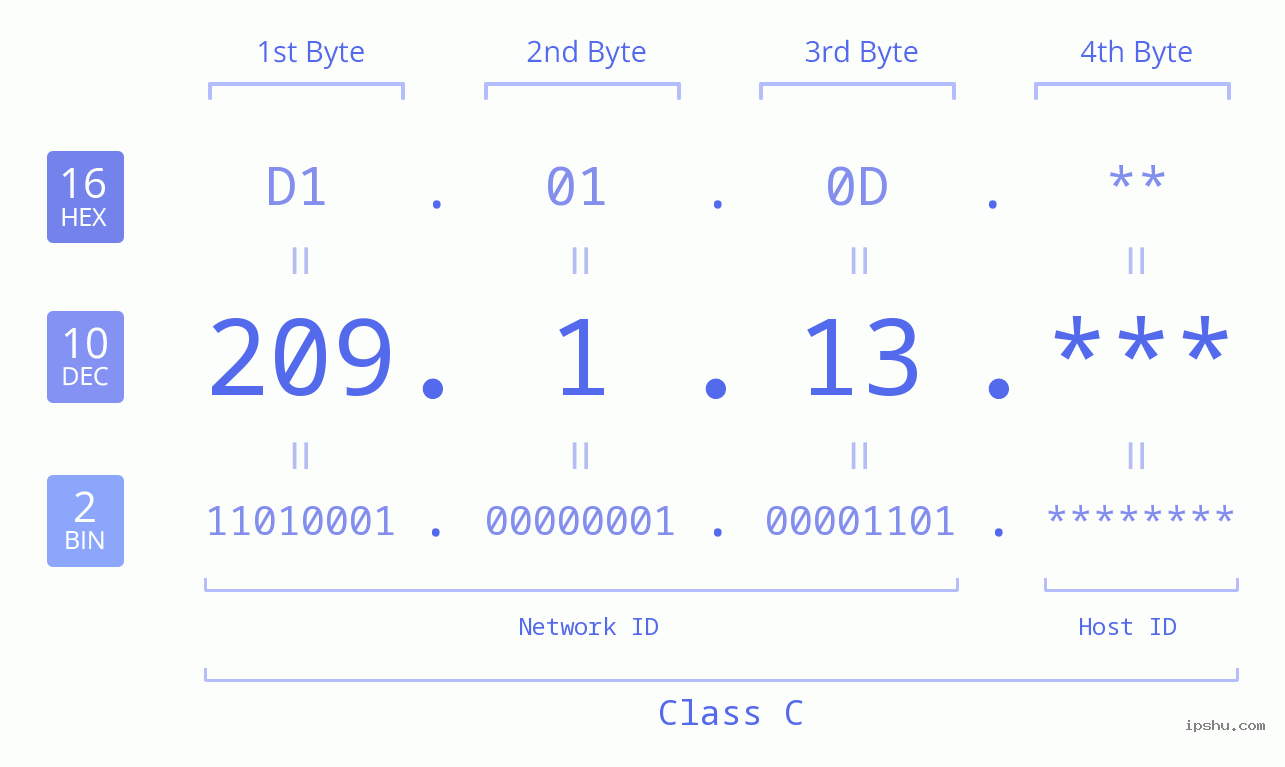 IP Address: 209.1.13 Data Structure Chart BIN DEC HEX IPv4: 209.1.13 Network Class, Net ID, Host ID