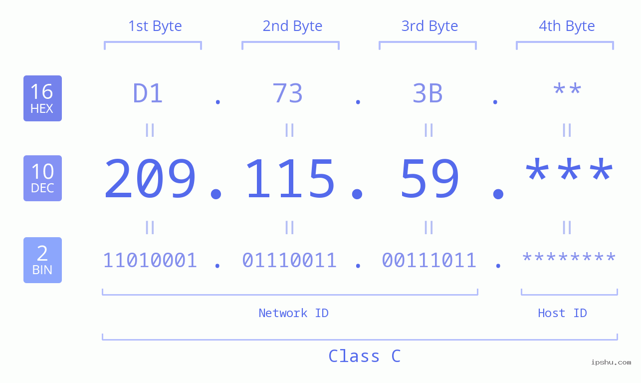 IP Address: 209.115.59 Data Structure Chart BIN DEC HEX IPv4: 209.115.59 Network Class, Net ID, Host ID