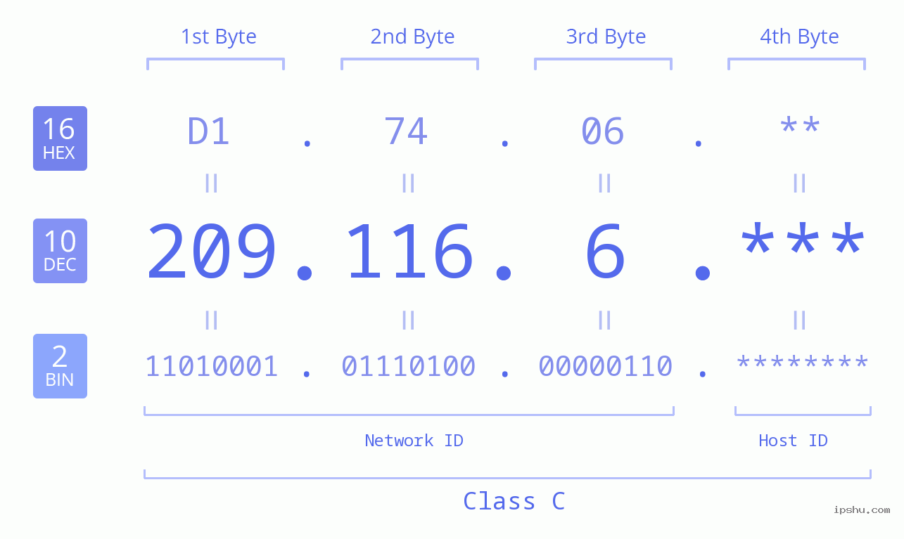 IP Address: 209.116.6 Data Structure Chart BIN DEC HEX IPv4: 209.116.6 Network Class, Net ID, Host ID