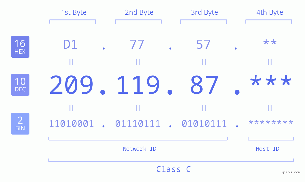 IP Address: 209.119.87 Data Structure Chart BIN DEC HEX IPv4: 209.119.87 Network Class, Net ID, Host ID