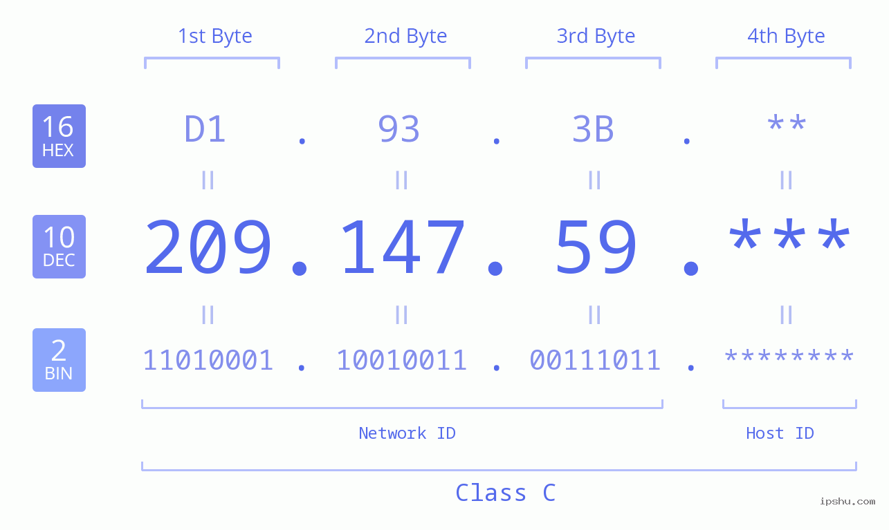 IP Address: 209.147.59 Data Structure Chart BIN DEC HEX IPv4: 209.147.59 Network Class, Net ID, Host ID