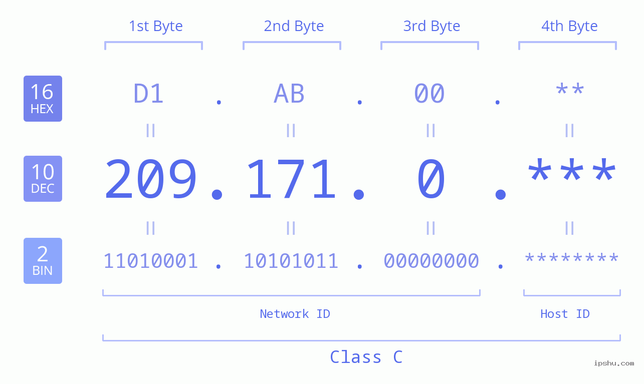 IP Address: 209.171.0 Data Structure Chart BIN DEC HEX IPv4: 209.171.0 Network Class, Net ID, Host ID