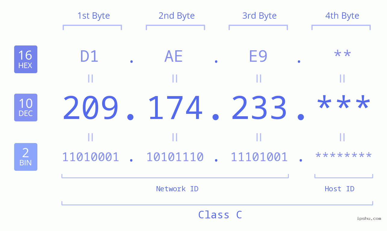 IP Address: 209.174.233 Data Structure Chart BIN DEC HEX IPv4: 209.174.233 Network Class, Net ID, Host ID