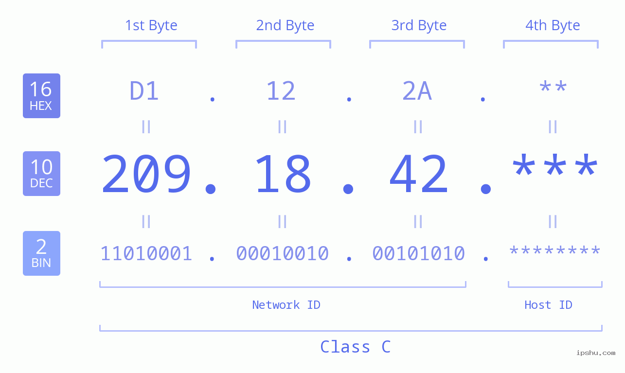 IP Address: 209.18.42 Data Structure Chart BIN DEC HEX IPv4: 209.18.42 Network Class, Net ID, Host ID