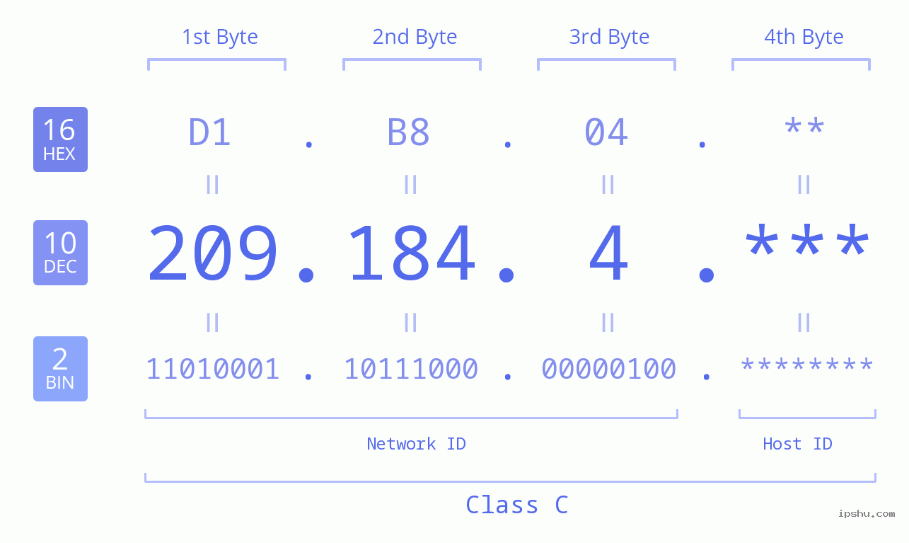 IP Address: 209.184.4 Data Structure Chart BIN DEC HEX IPv4: 209.184.4 Network Class, Net ID, Host ID