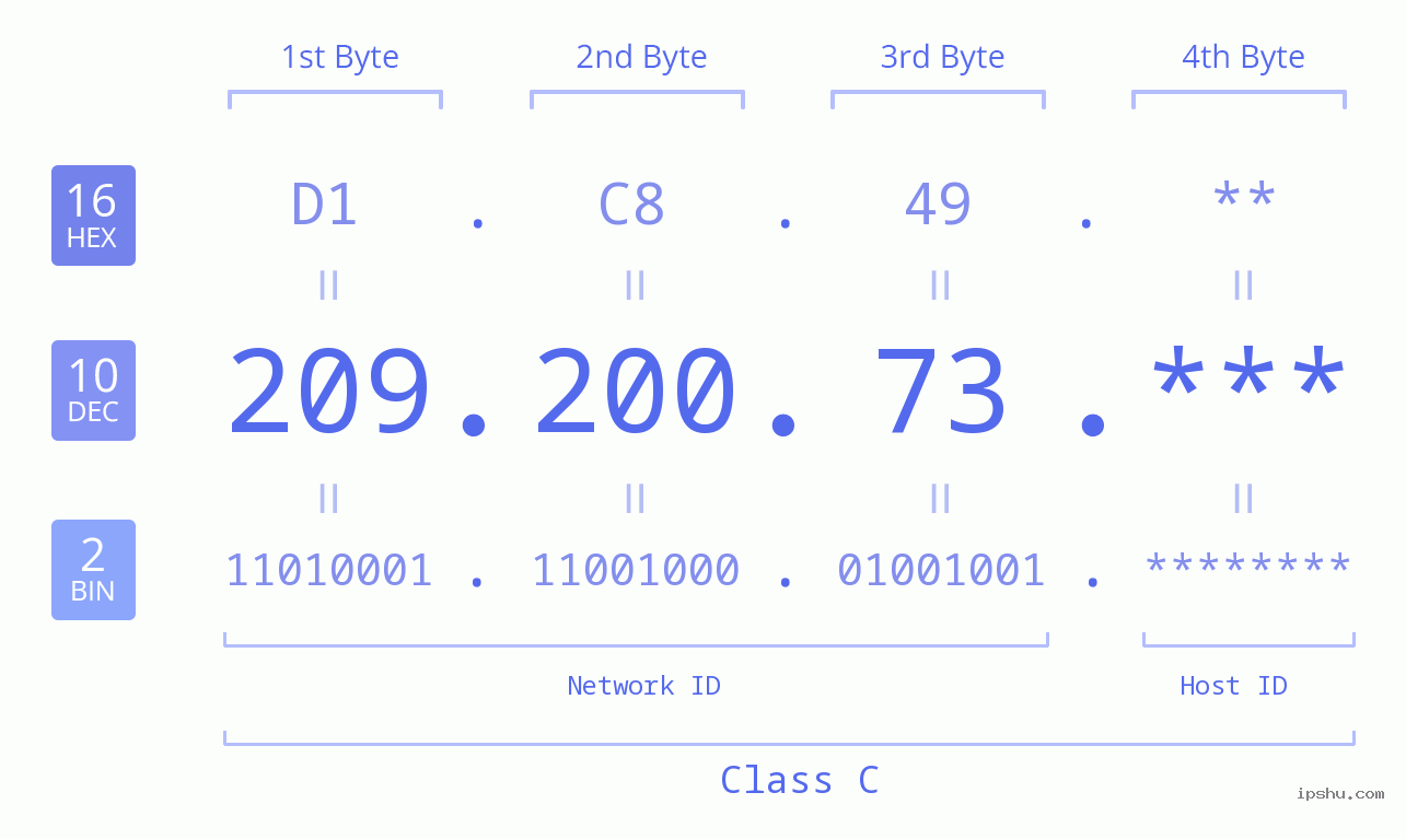 IP Address: 209.200.73 Data Structure Chart BIN DEC HEX IPv4: 209.200.73 Network Class, Net ID, Host ID