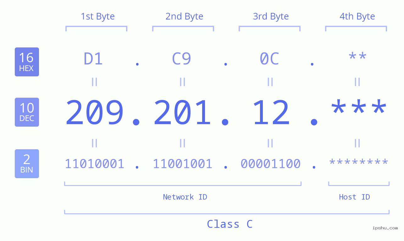 IP Address: 209.201.12 Data Structure Chart BIN DEC HEX IPv4: 209.201.12 Network Class, Net ID, Host ID