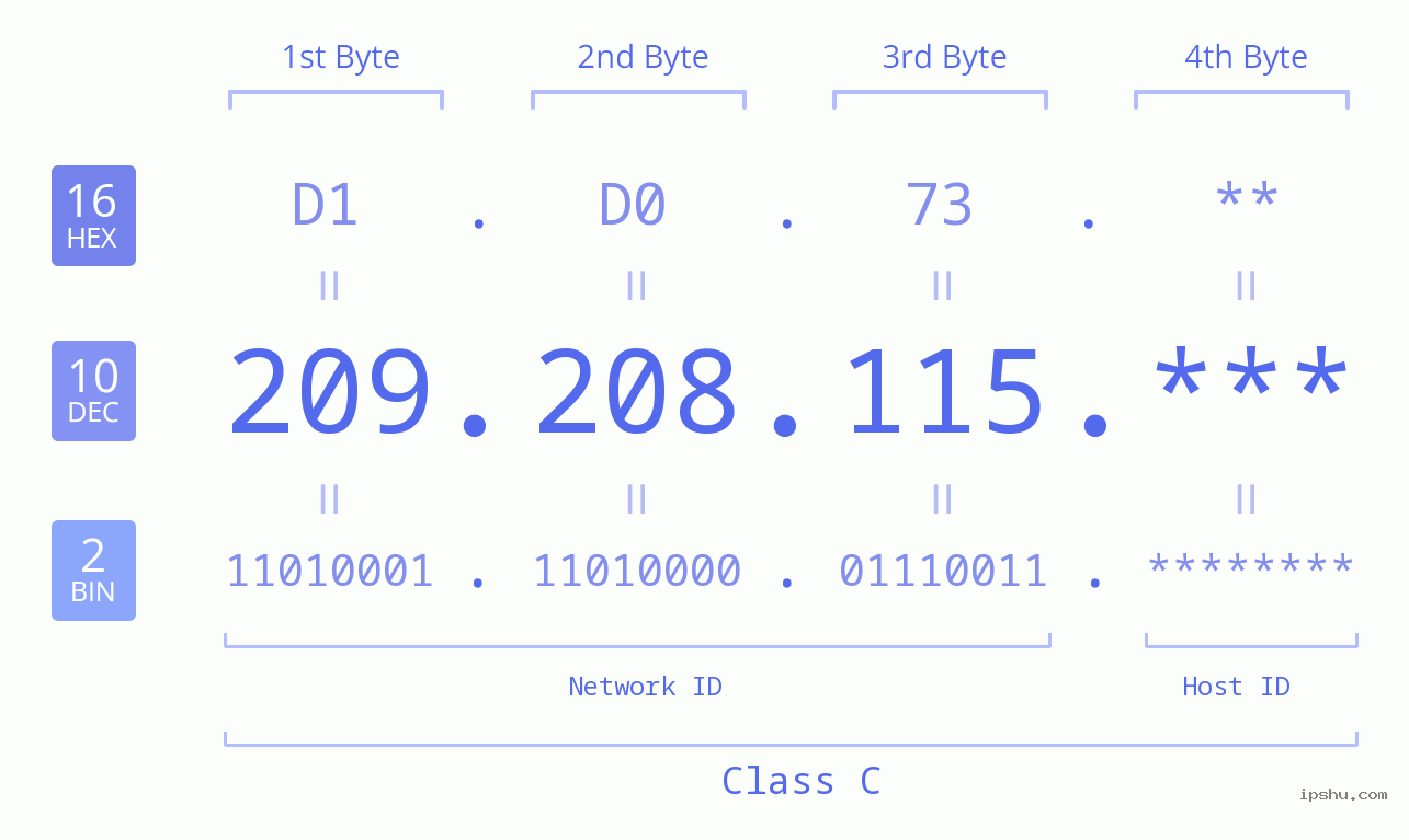 IP Address: 209.208.115 Data Structure Chart BIN DEC HEX IPv4: 209.208.115 Network Class, Net ID, Host ID