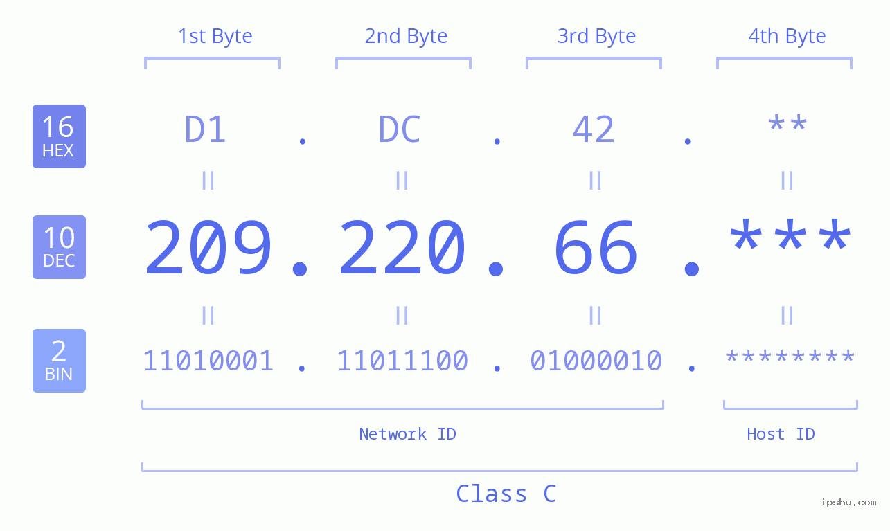IP Address: 209.220.66 Data Structure Chart BIN DEC HEX IPv4: 209.220.66 Network Class, Net ID, Host ID