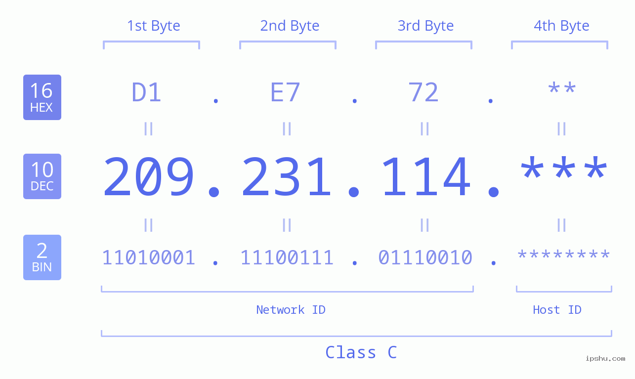 IP Address: 209.231.114 Data Structure Chart BIN DEC HEX IPv4: 209.231.114 Network Class, Net ID, Host ID