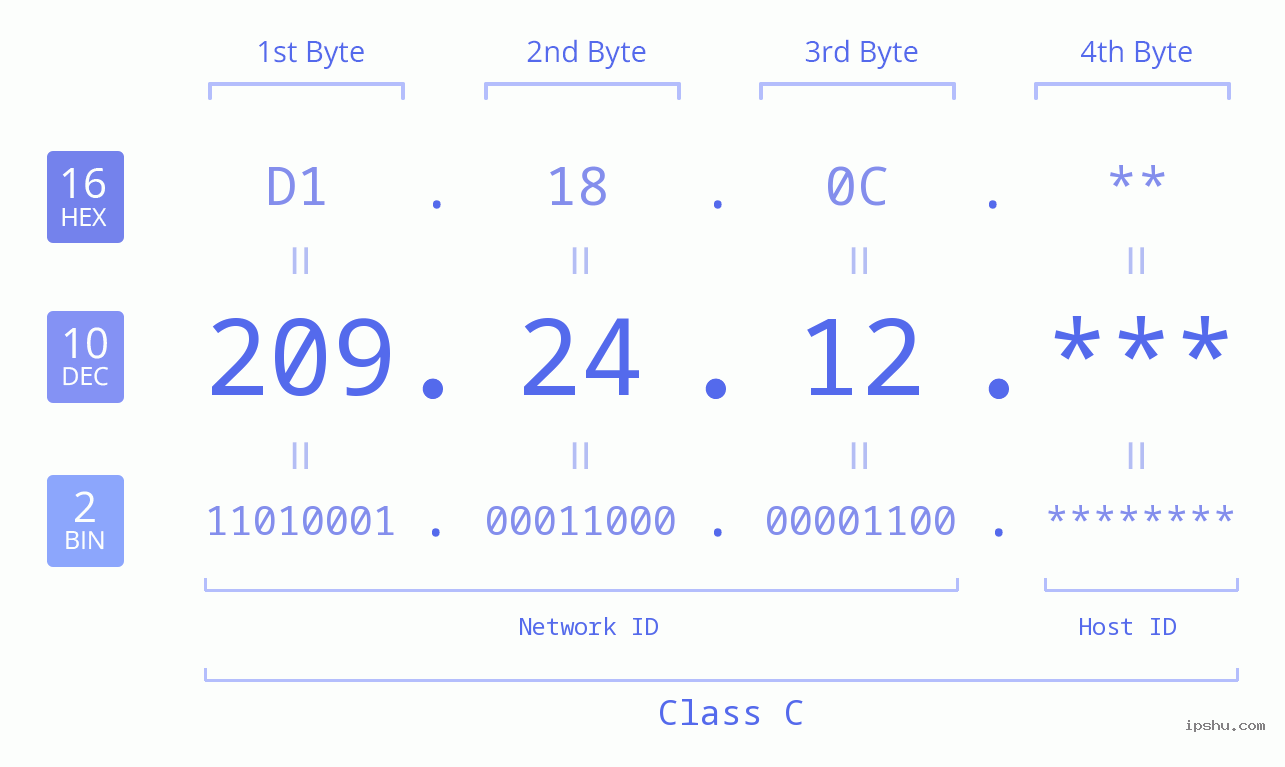 IP Address: 209.24.12 Data Structure Chart BIN DEC HEX IPv4: 209.24.12 Network Class, Net ID, Host ID