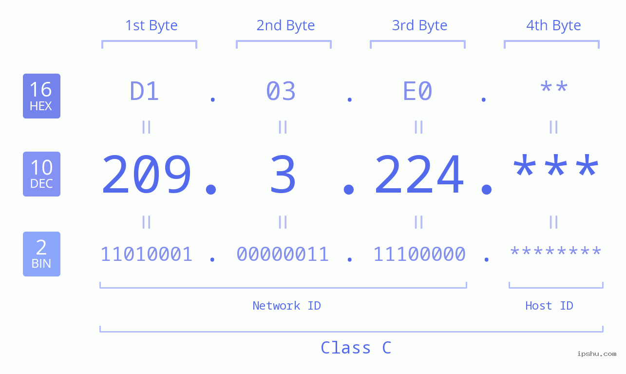 IP Address: 209.3.224 Data Structure Chart BIN DEC HEX IPv4: 209.3.224 Network Class, Net ID, Host ID