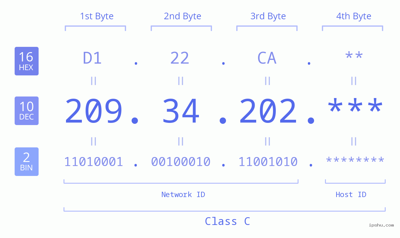 IP Address: 209.34.202 Data Structure Chart BIN DEC HEX IPv4: 209.34.202 Network Class, Net ID, Host ID