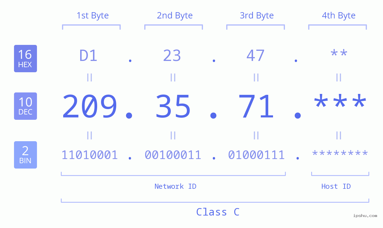 IP Address: 209.35.71 Data Structure Chart BIN DEC HEX IPv4: 209.35.71 Network Class, Net ID, Host ID