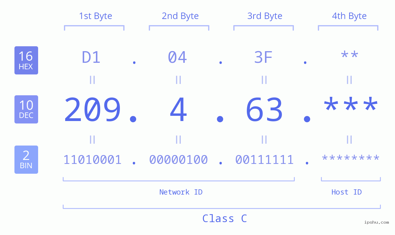 IP Address: 209.4.63 Data Structure Chart BIN DEC HEX IPv4: 209.4.63 Network Class, Net ID, Host ID