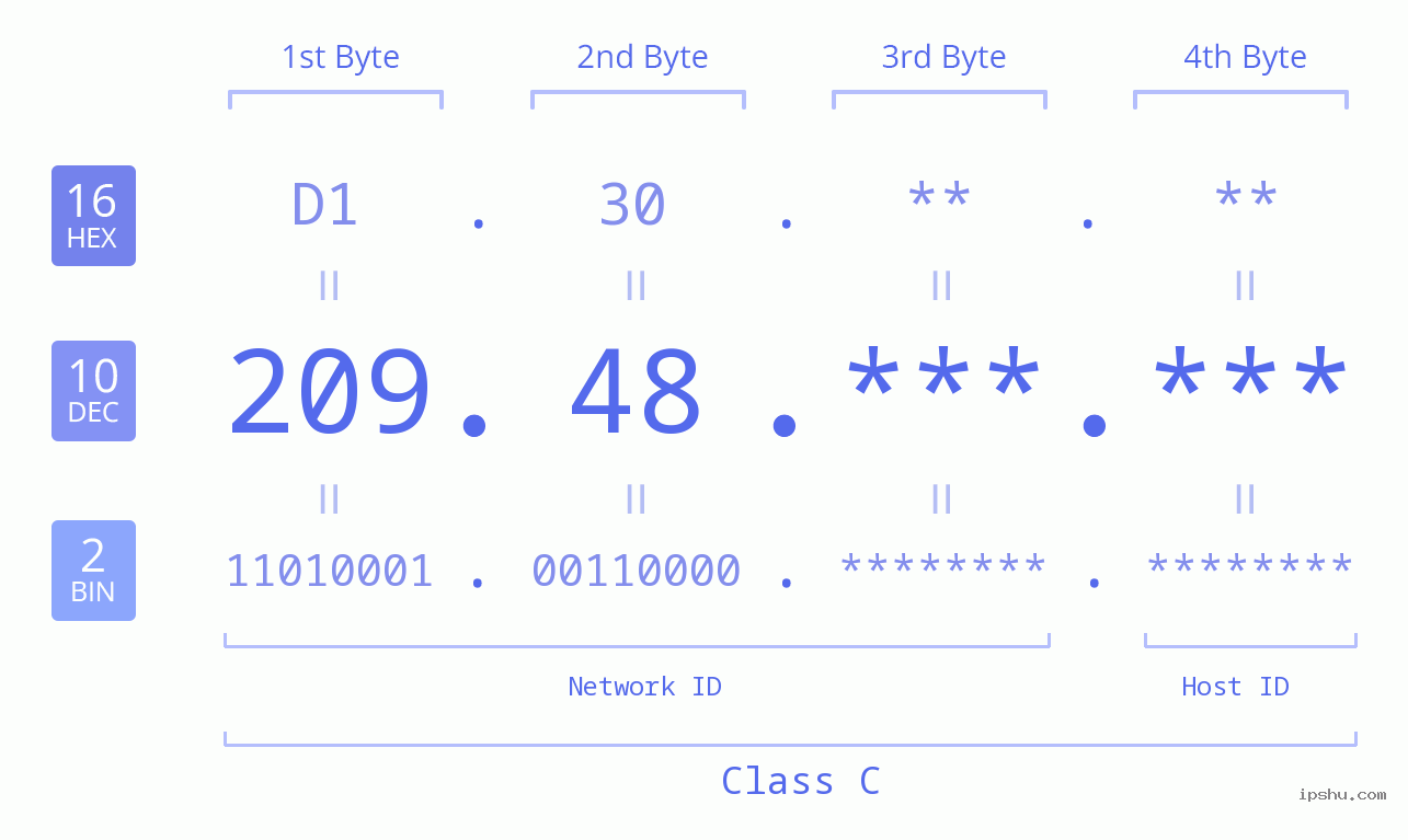 IP Address: 209.48 Data Structure Chart BIN DEC HEX IPv4: 209.48 Network Class, Net ID, Host ID