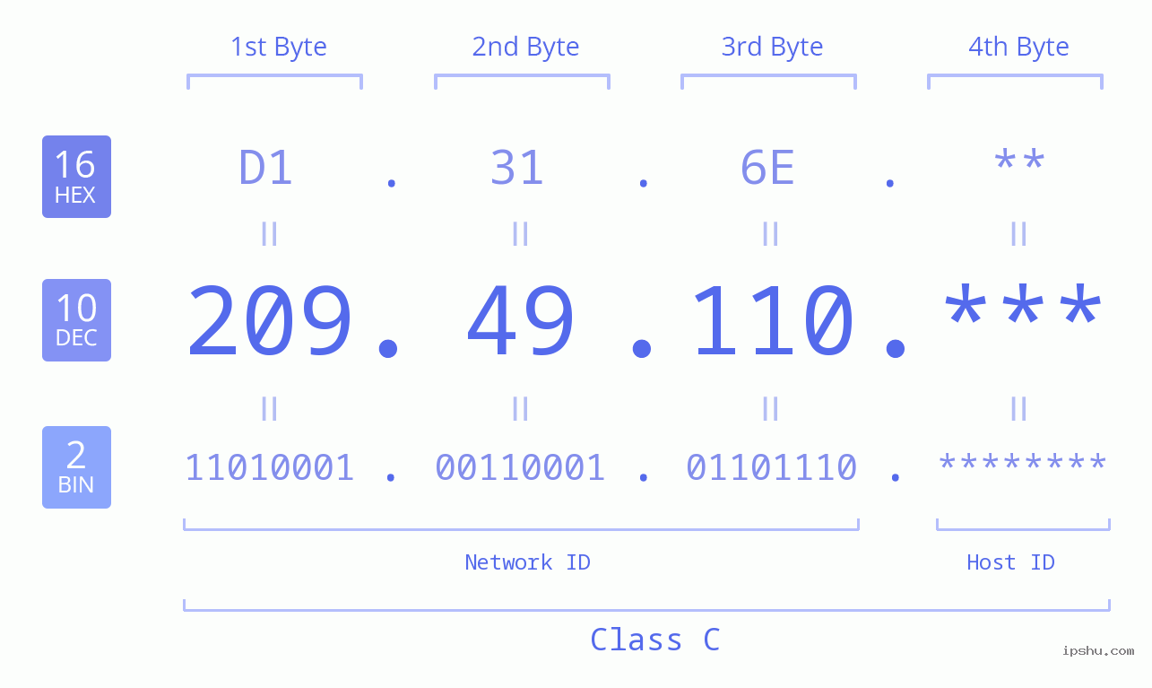 IP Address: 209.49.110 Data Structure Chart BIN DEC HEX IPv4: 209.49.110 Network Class, Net ID, Host ID