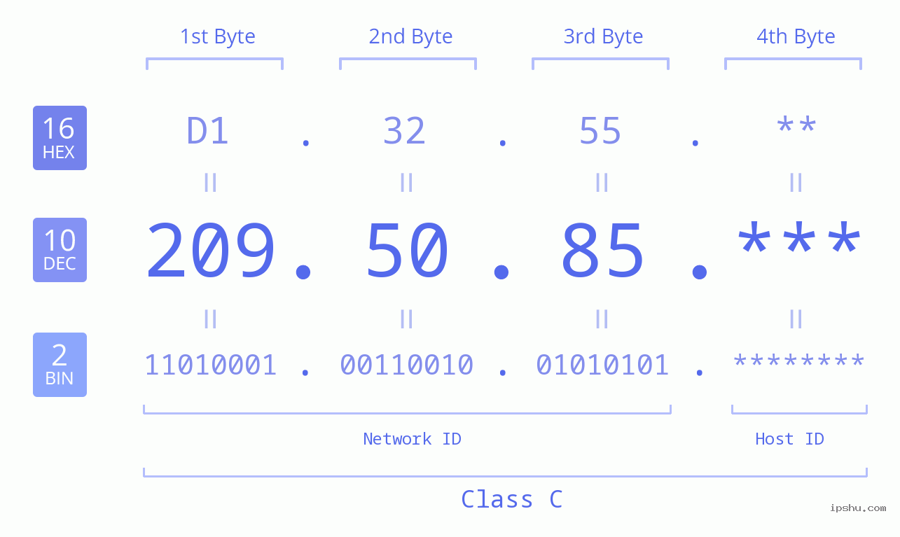 IP Address: 209.50.85 Data Structure Chart BIN DEC HEX IPv4: 209.50.85 Network Class, Net ID, Host ID