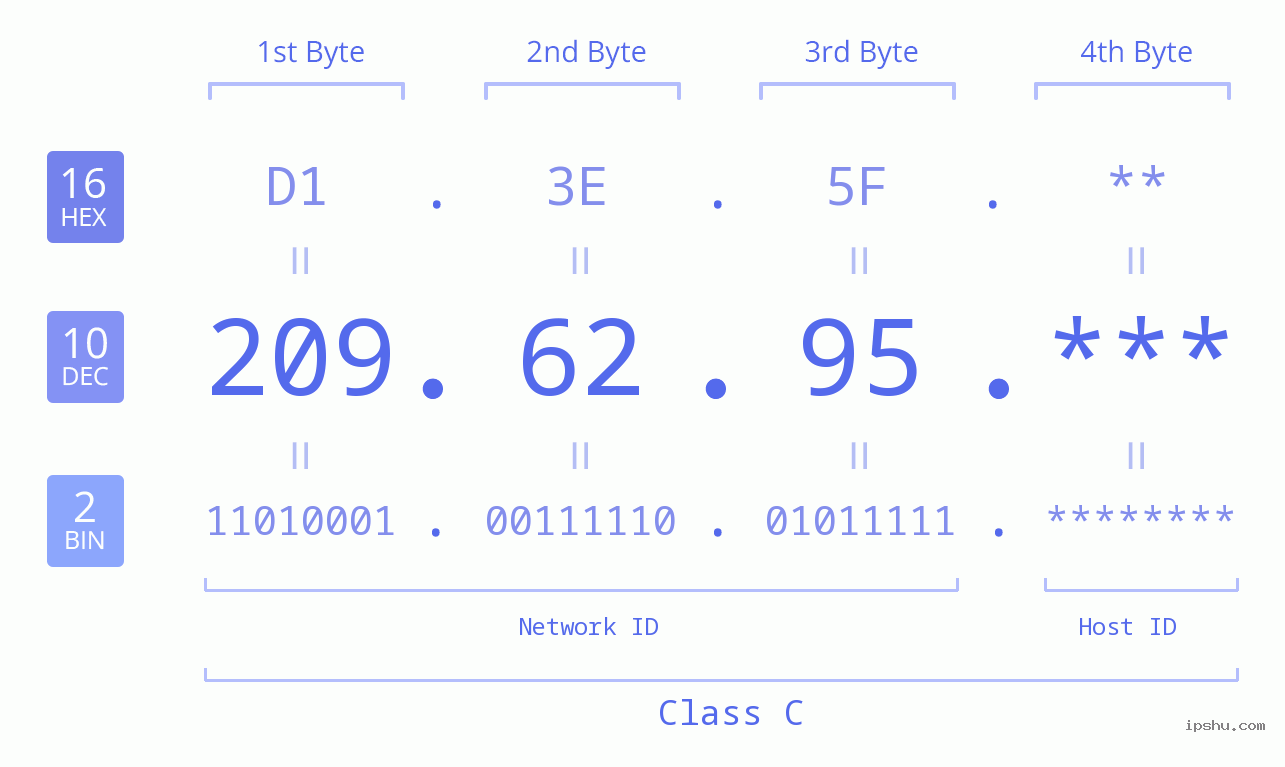 IP Address: 209.62.95 Data Structure Chart BIN DEC HEX IPv4: 209.62.95 Network Class, Net ID, Host ID