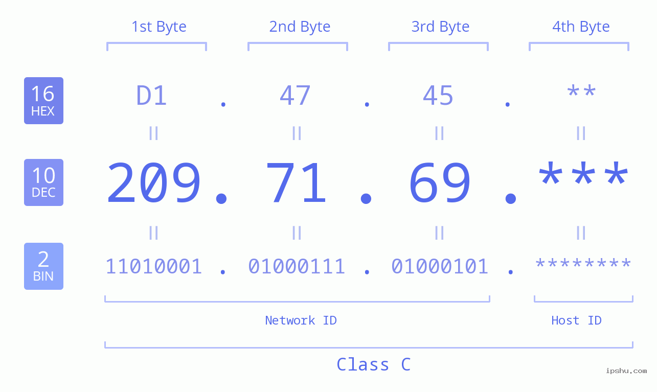 IP Address: 209.71.69 Data Structure Chart BIN DEC HEX IPv4: 209.71.69 Network Class, Net ID, Host ID