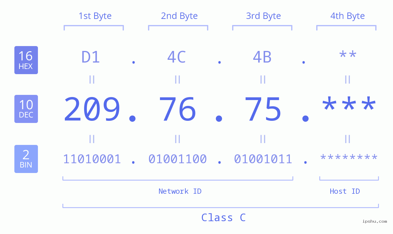 IP Address: 209.76.75 Data Structure Chart BIN DEC HEX IPv4: 209.76.75 Network Class, Net ID, Host ID