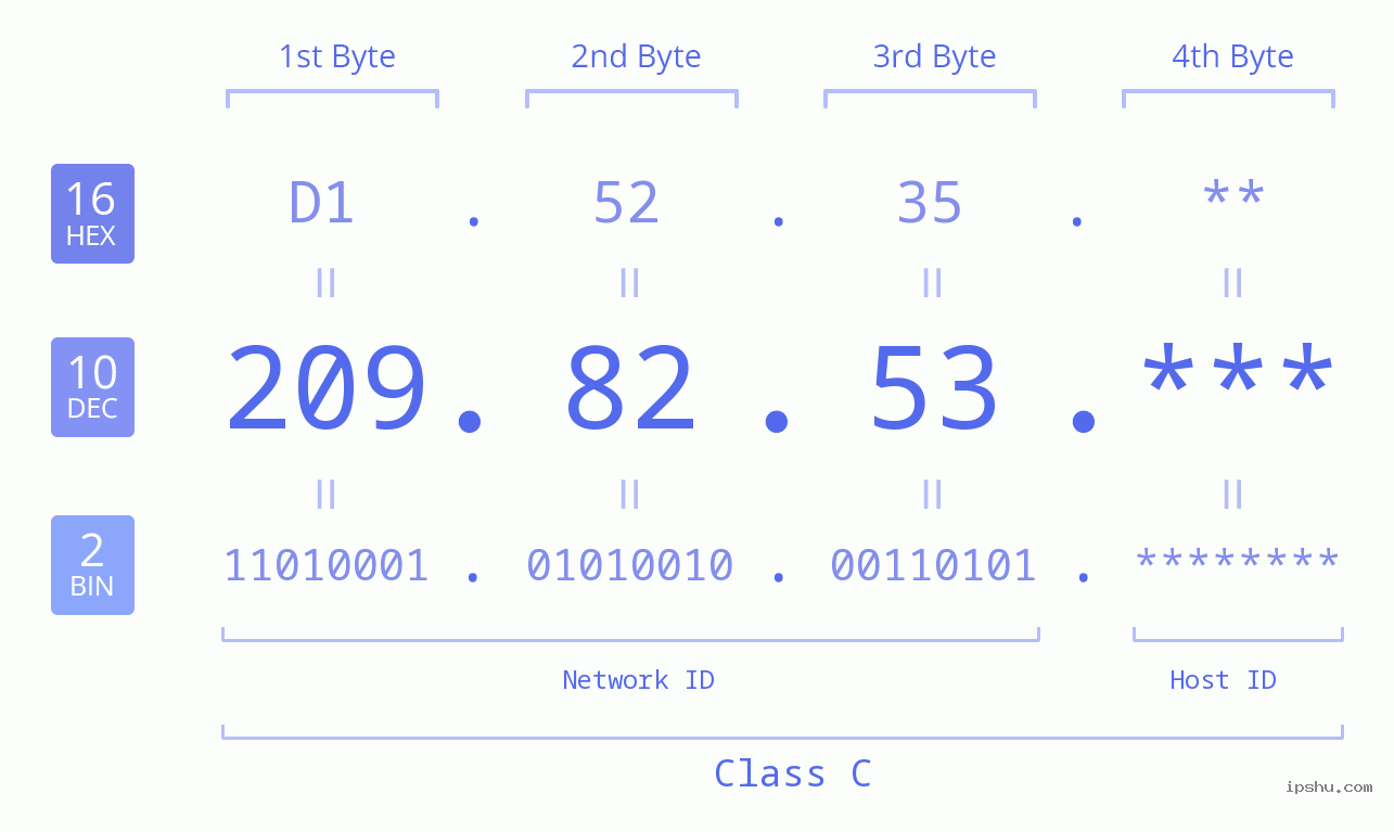 IP Address: 209.82.53 Data Structure Chart BIN DEC HEX IPv4: 209.82.53 Network Class, Net ID, Host ID