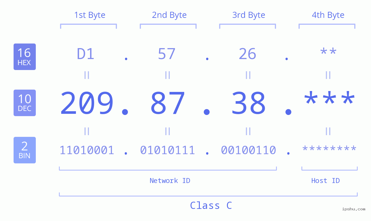 IP Address: 209.87.38 Data Structure Chart BIN DEC HEX IPv4: 209.87.38 Network Class, Net ID, Host ID