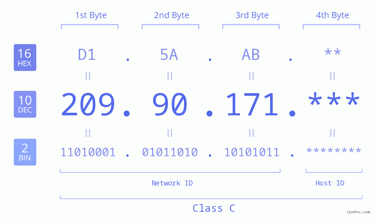 IP Address: 209.90.171 Data Structure Chart BIN DEC HEX IPv4: 209.90.171 Network Class, Net ID, Host ID