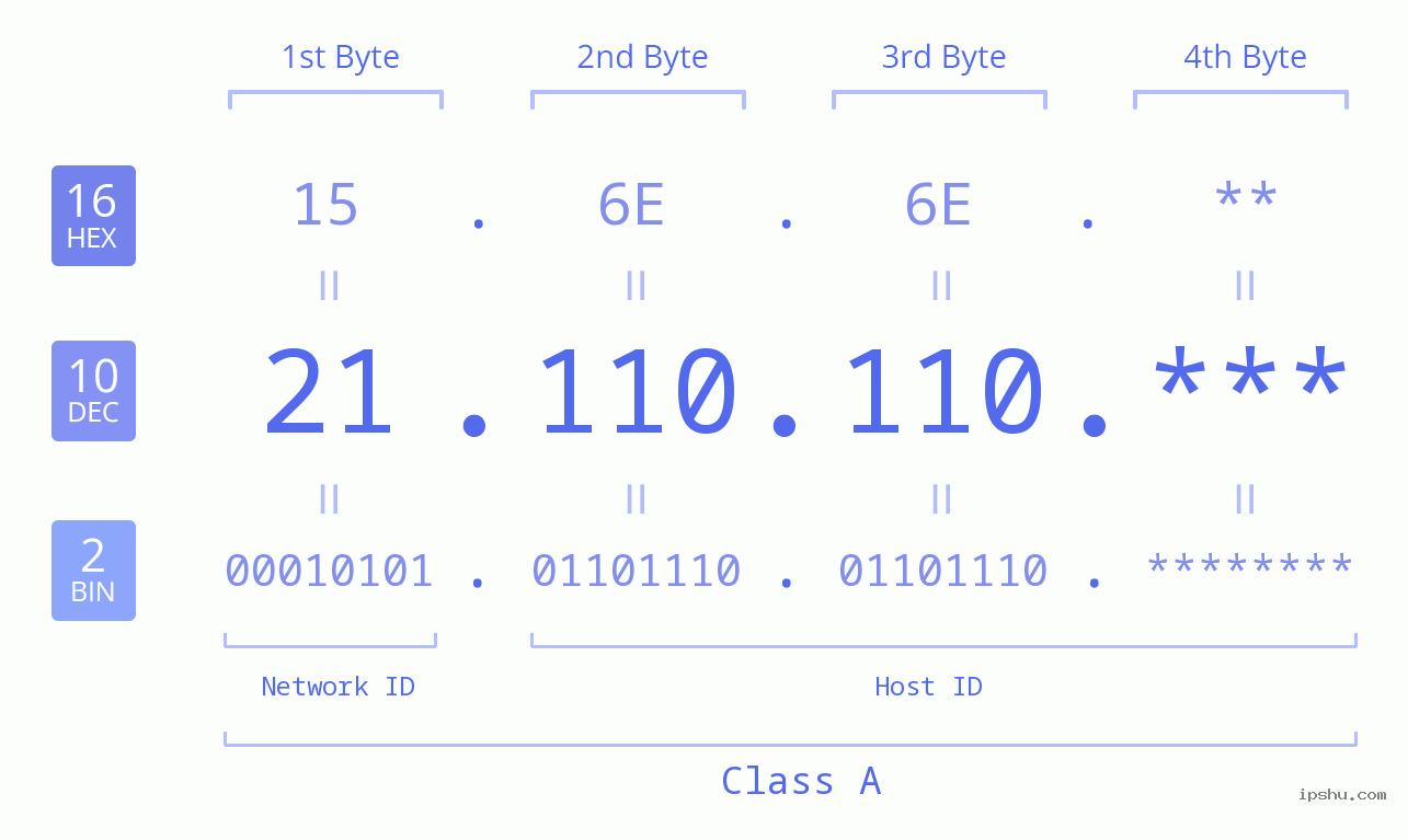 IP Address: 21.110.110 Data Structure Chart BIN DEC HEX IPv4: 21.110.110 Network Class, Net ID, Host ID