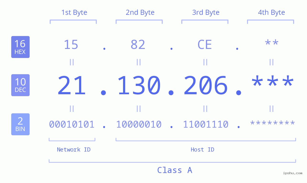 IP Address: 21.130.206 Data Structure Chart BIN DEC HEX IPv4: 21.130.206 Network Class, Net ID, Host ID