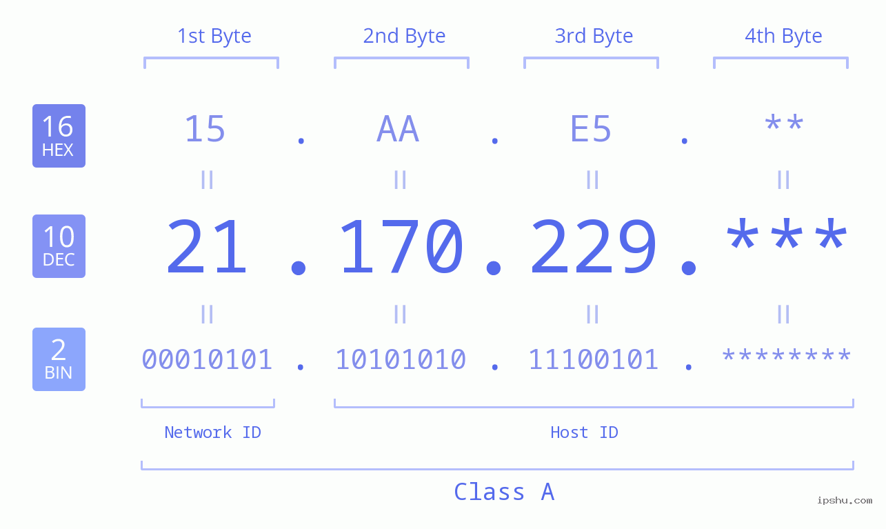 IP Address: 21.170.229 Data Structure Chart BIN DEC HEX IPv4: 21.170.229 Network Class, Net ID, Host ID