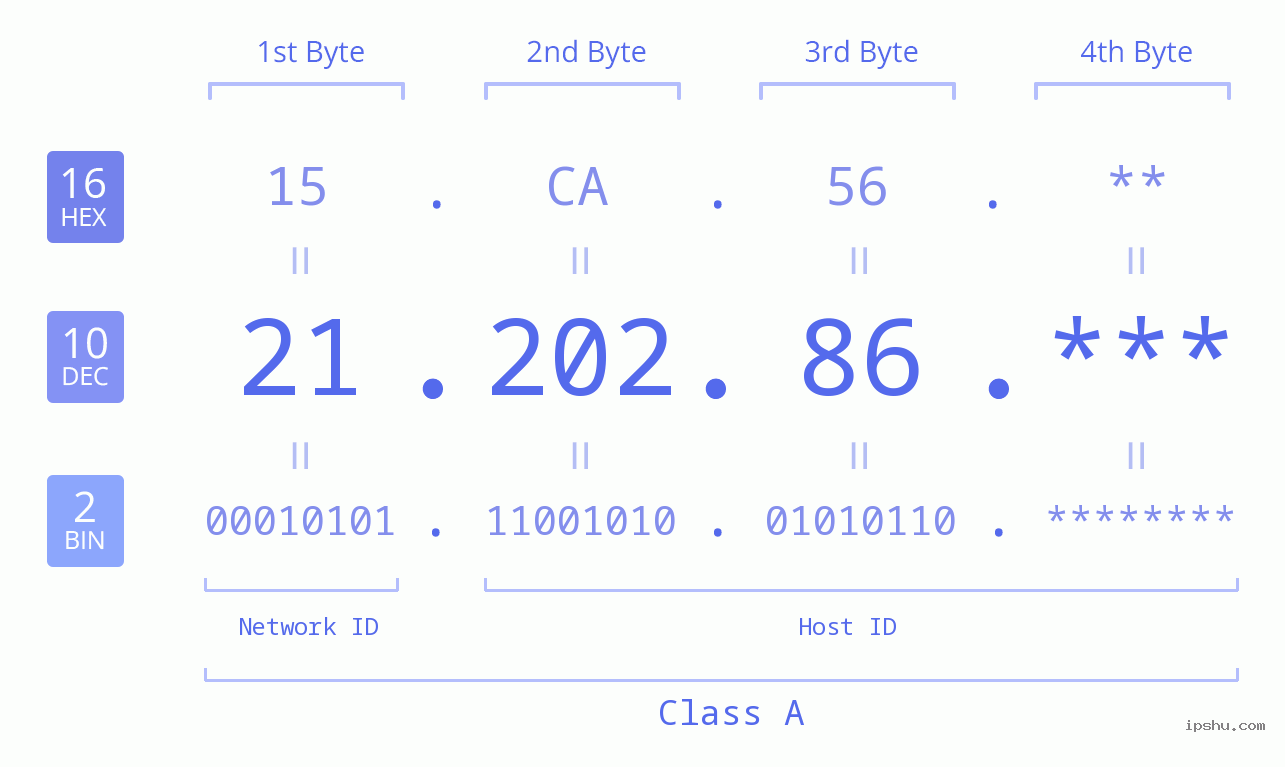 IP Address: 21.202.86 Data Structure Chart BIN DEC HEX IPv4: 21.202.86 Network Class, Net ID, Host ID