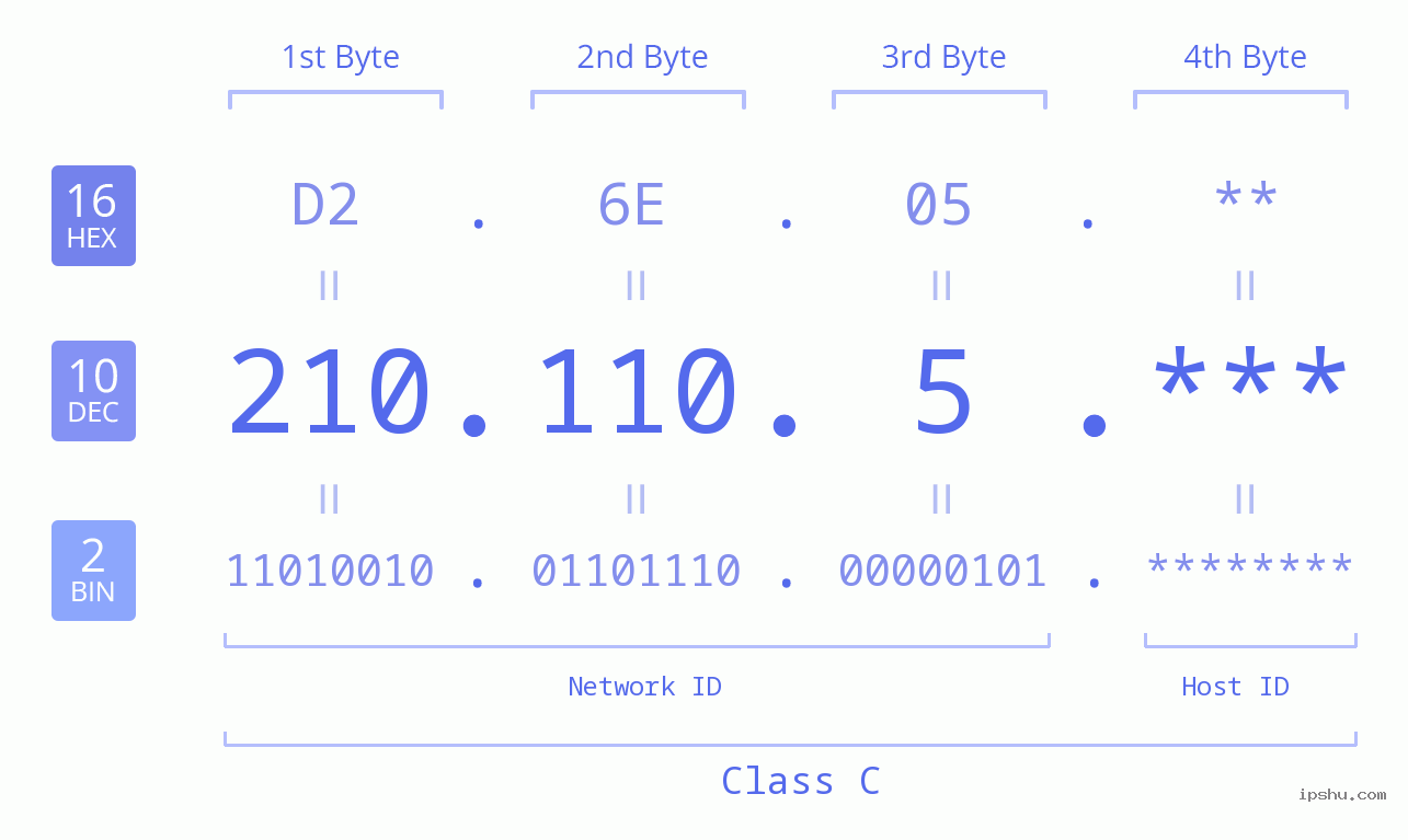 IP Address: 210.110.5 Data Structure Chart BIN DEC HEX IPv4: 210.110.5 Network Class, Net ID, Host ID