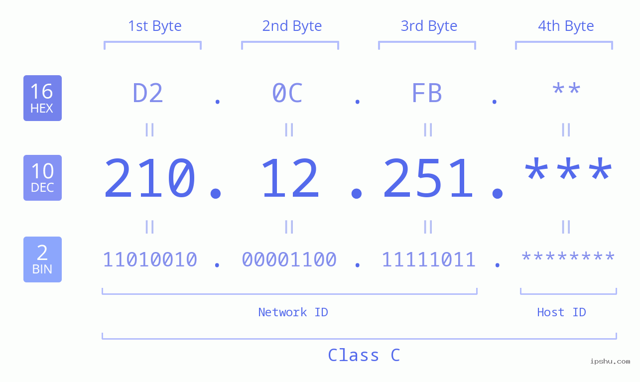 IP Address: 210.12.251 Data Structure Chart BIN DEC HEX IPv4: 210.12.251 Network Class, Net ID, Host ID