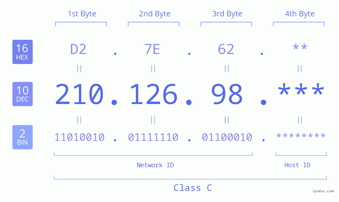 IP Address: 210.126.98 Data Structure Chart BIN DEC HEX IPv4: 210.126.98 Network Class, Net ID, Host ID