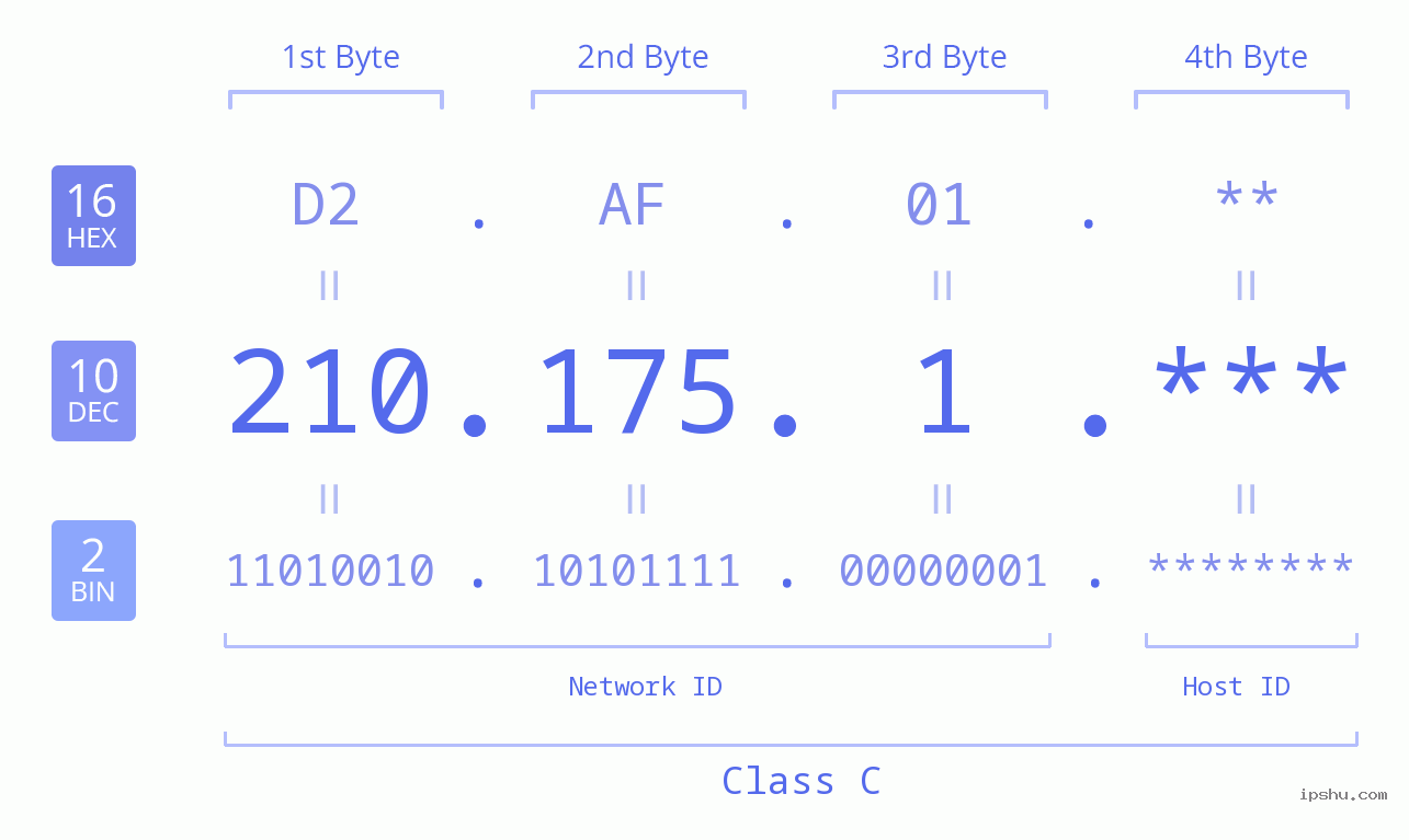 IP Address: 210.175.1 Data Structure Chart BIN DEC HEX IPv4: 210.175.1 Network Class, Net ID, Host ID