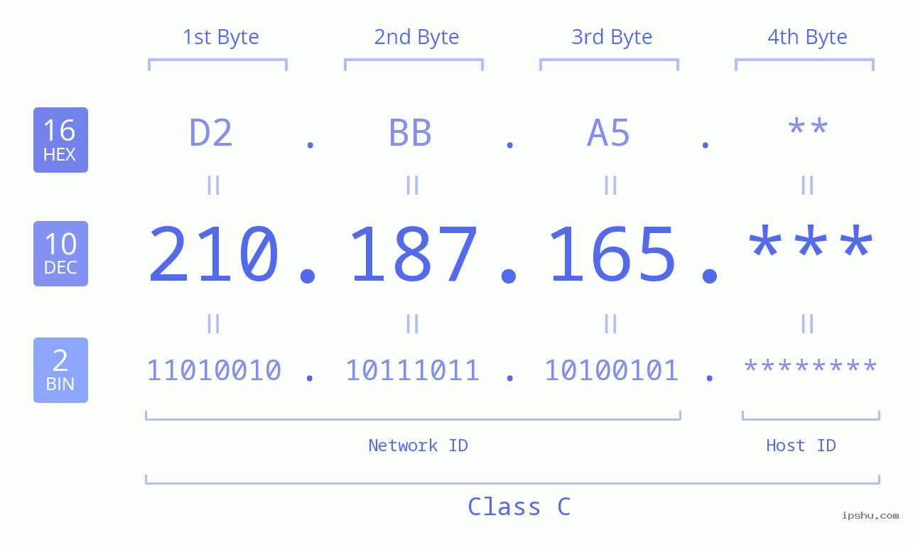 IP Address: 210.187.165 Data Structure Chart BIN DEC HEX IPv4: 210.187.165 Network Class, Net ID, Host ID