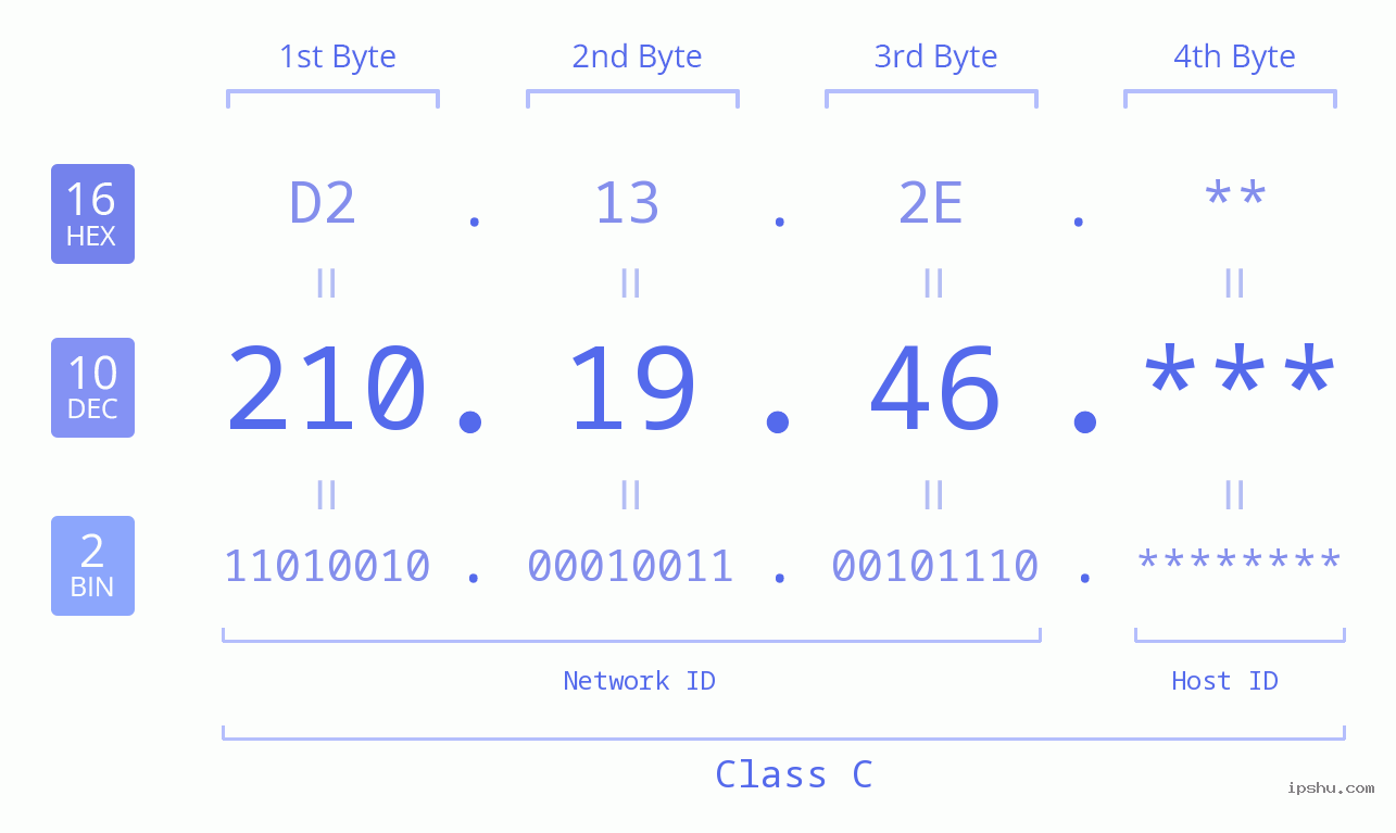 IP Address: 210.19.46 Data Structure Chart BIN DEC HEX IPv4: 210.19.46 Network Class, Net ID, Host ID