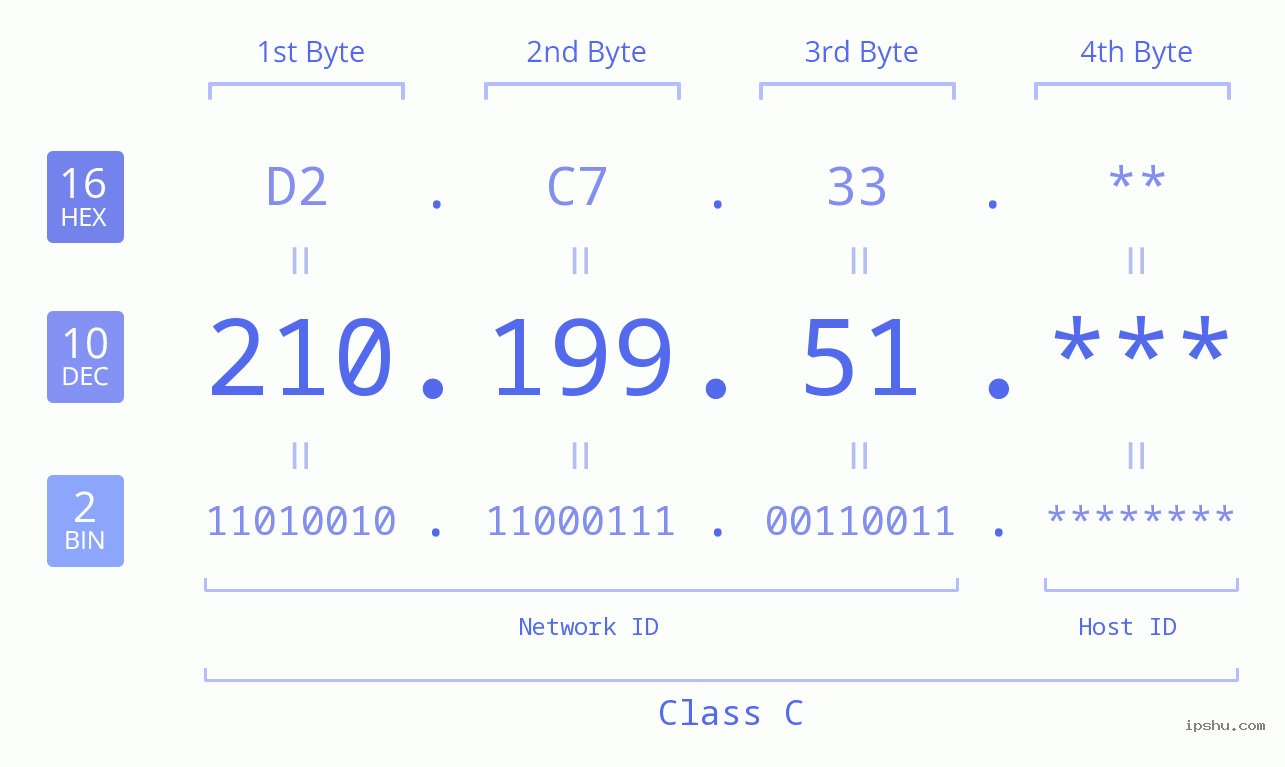 IP Address: 210.199.51 Data Structure Chart BIN DEC HEX IPv4: 210.199.51 Network Class, Net ID, Host ID