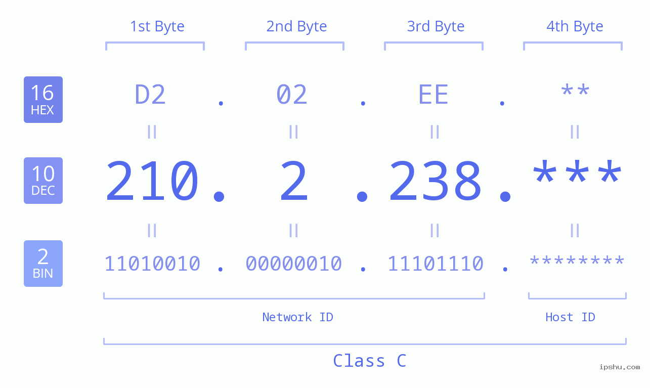 IP Address: 210.2.238 Data Structure Chart BIN DEC HEX IPv4: 210.2.238 Network Class, Net ID, Host ID
