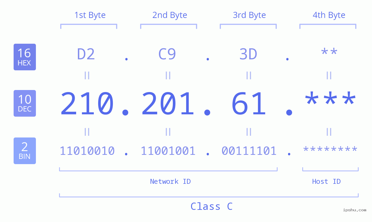 IP Address: 210.201.61 Data Structure Chart BIN DEC HEX IPv4: 210.201.61 Network Class, Net ID, Host ID